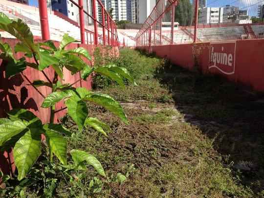 Situao dos Aflitos  de completo abandono. A grama est alta, h buracos e pssimas condies de algumas estruturas