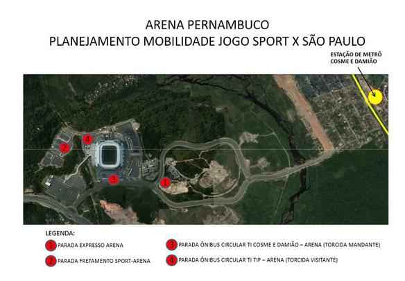 Mapas apresentam novo esquema de mobilidade para jogo entre Sport e São Paulo na Arena Pernambuco