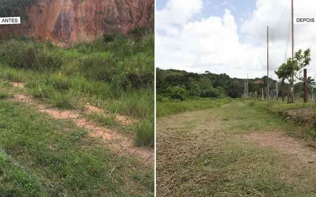 Acesso lateral aos campos teve o mato cortado em alguns locais. Para deixar as vias em perfeito estado, o clube terá que disponibilizar cerca de R$ 54 mil. A obra também seria aplicada na barreira, ao lado do acesso ao hotel, para evitar que o barro se acumule.
