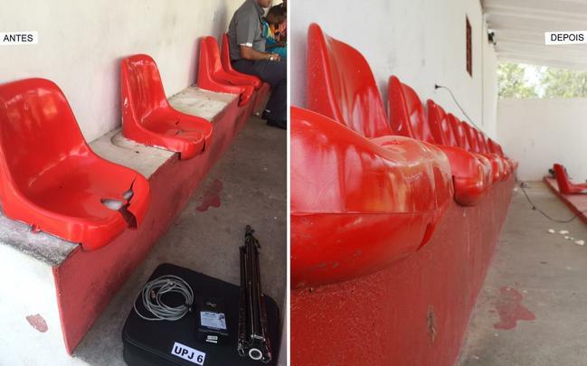 O local reservado para a imprensa teve bancos trocados recentemente, mas verificamos que um deles já está quebrado.