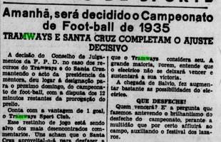 Diario de Pernambuco relata o complemento do jogo entre Tramways e Santa Cruz pela final do Pernambucano de 1935