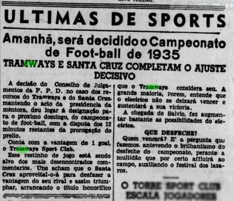 Diario de Pernambuco relata o complemento do jogo entre Tramways e Santa Cruz pela final do Pernambucano de 1935