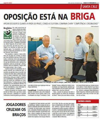 8 de novembro de 2006 - Mais poltica e ainda a paralisao das atividades de parte dos jogadores do Santa Cruz por um dia. Direo devia R$ 600 mil ao elenco, mais R$ 80 mil em premiaes