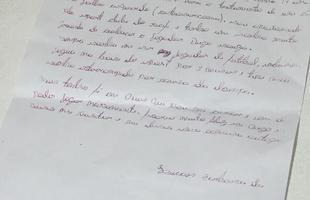 A carta escrita por Lucas Barbosa da Silva que pedia pela visita de Diego Souza 