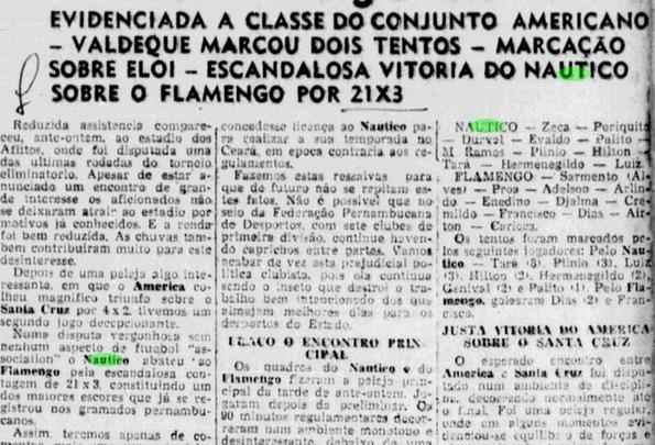 Nutico 21 x 3 Flamengo-PE - No dia 1 de julho de 1945, o Diario de Pernambuco classificou como uma 'escandalosa vitria' o placar aplicado pelo Nutico em cima do Flamengo.  at hoje a maior goleada do Estadual. Apesar de o primeiro tempo ter terminado em 9 a 3, o peridico classificou como montono e desinteressante sob uma chuva torrencial. No segundo tempo, foram mais 12 gols com destaque para o artilheiro Tar.
