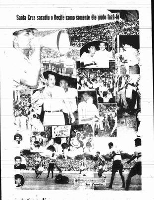 1959 - Os dois clubes voltaram a decidir o título Estadual e o Náutico poderia conquistar o oitavo título e igualar ao Tricolor em taças, mas o Santa levou a melhor novamente. A série de melhor de três jogos começou com empate em 1 a 1, na Ilha, e terminou em dois jogos nos Aflitos, com uma vitória coral por 2 a 1 e um empate sem gols. Foto do Pôster do Diario de Pernambuco para o título do Tricolor.