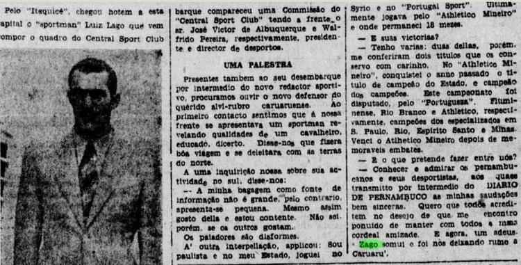 Diario de Pernambuco divulga entrevista após a chegada de Zago em 1937