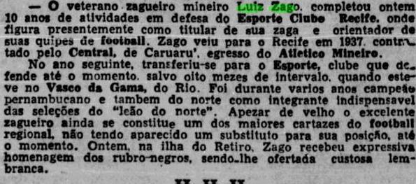 Em 1948, Diario de Pernambuco registra os dez anos de Zago no Sport