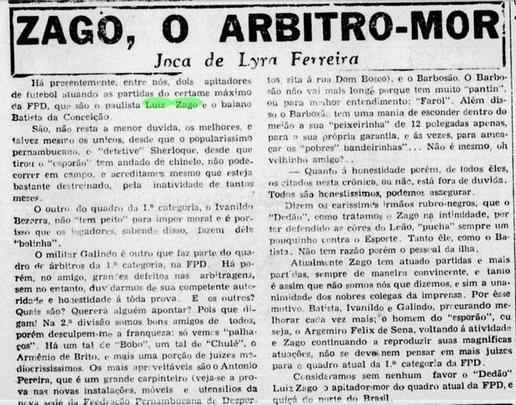 Em 1953, Zago recebe elogios por atuao como rbitro no futebol pernambucano