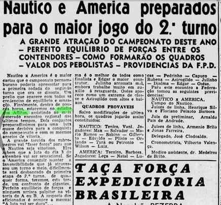 6 de agosto de 1944- O estdio dos Aflitos se preparou para a grande partida entre Nutico e Amrica ( campeo daquele ano) no Pernambucano. Em um jogo com muitos gols, o Timbu se saiu melhor, vencendo o duelo por 5 a 4. O confronto garantiu ao Timbu a segunda maior renda do campeonato daquele ano, no valor de 13.214 cruzeiros. A primeira aconteceu tambm nos Aflitos, com renda total de 20 mil cruzeiros, na partida de Nutico e Sport. 