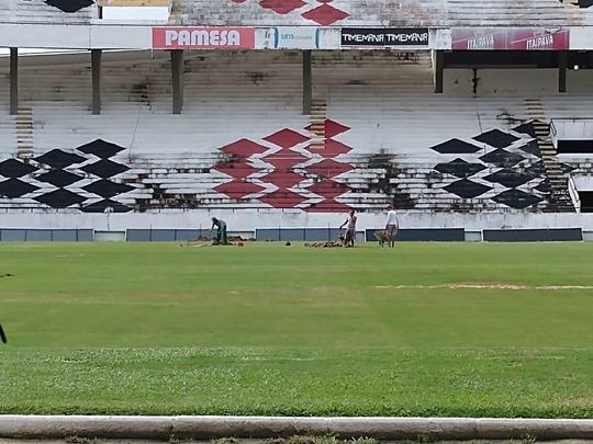 Na manh desta quarta-feira, funcionrios do Santa Cruz fizeram trabalho de recuperao do gramado do Arruda com o intuito de deixar o piso apto a receber o Clssico das Emoes, que ser realizado no prximo dia 23