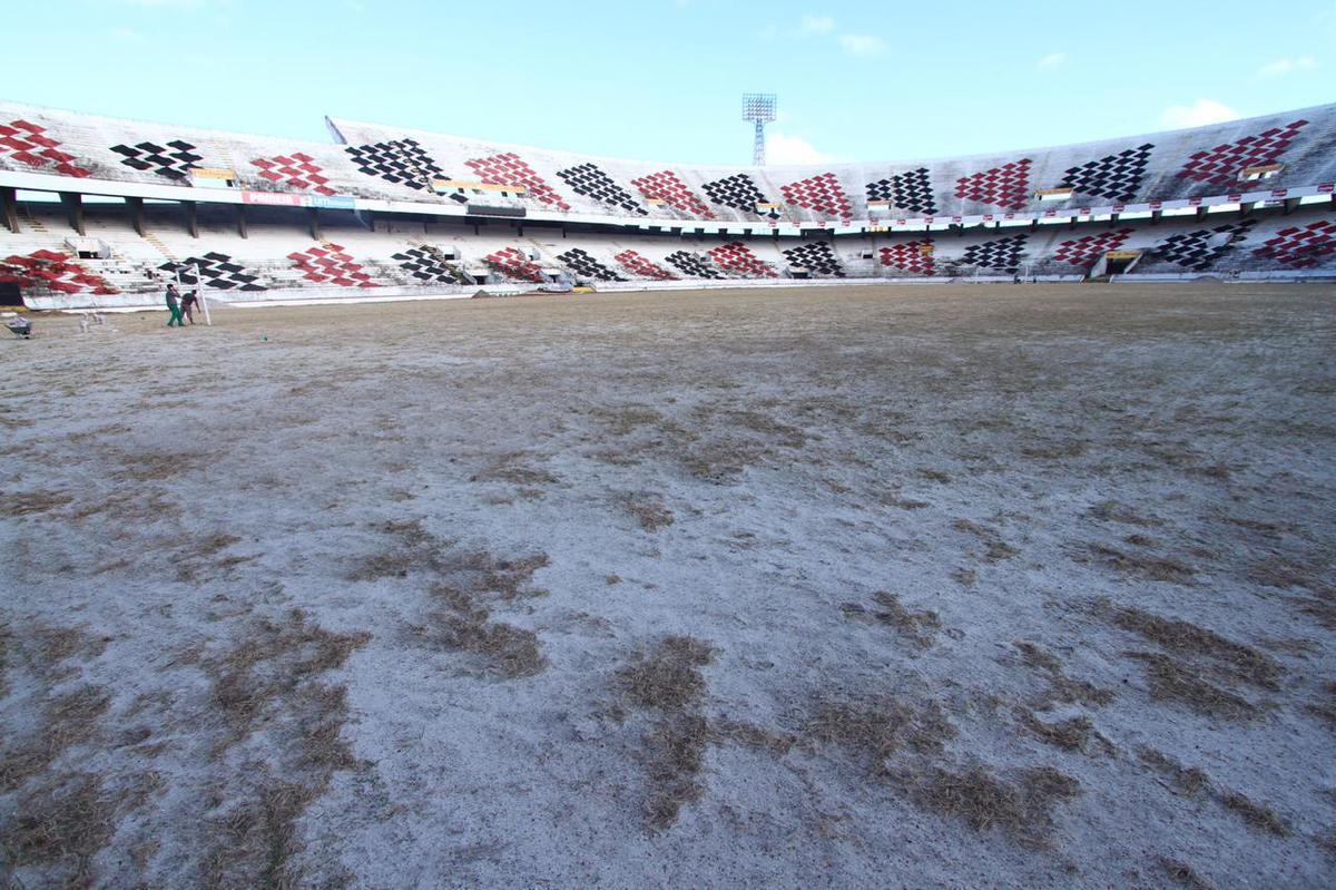 Grama nova foi plantada no ltimo ms, em novembro, e j brotou, mas a aparncia, at o momento,  de folhas ainda secas
