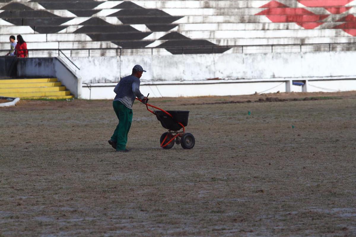 Grama nova foi plantada no ltimo ms, em novembro, e j brotou, mas a aparncia, at o momento,  de folhas ainda secas