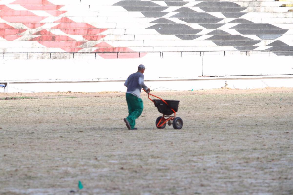 Grama nova foi plantada no ltimo ms, em novembro, e j brotou, mas a aparncia, at o momento,  de folhas ainda secas