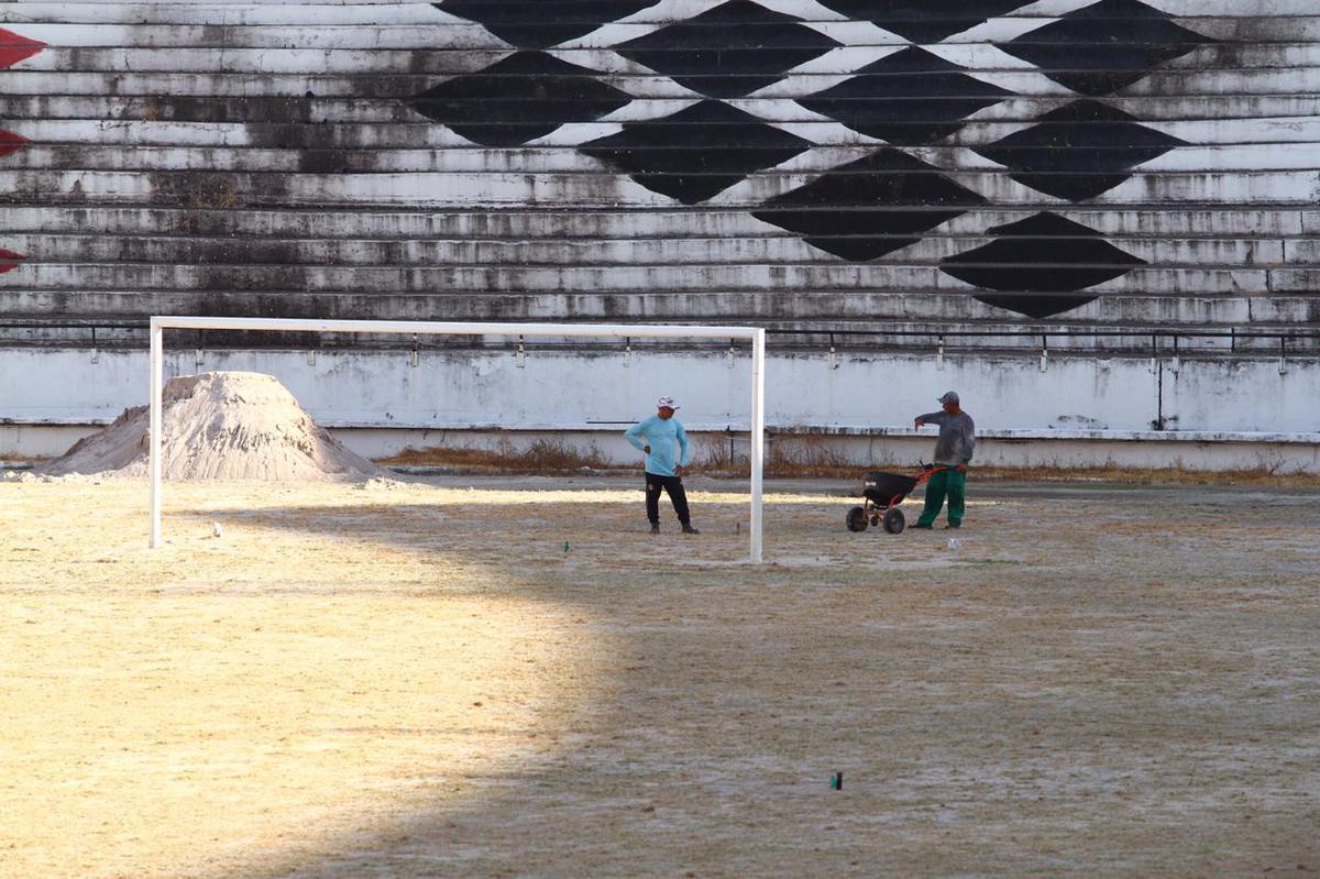 Grama nova foi plantada no ltimo ms, em novembro, e j brotou, mas a aparncia, at o momento,  de folhas ainda secas