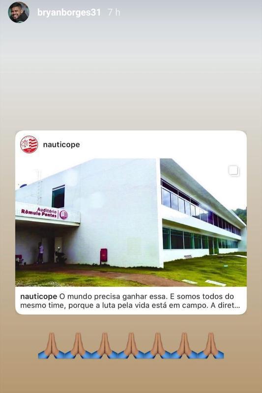 Bryan, defensor do time do Nutico, tambm apareceu na campanha de conscientizao, divulgando a ao do Timbu, em disponibilizar o seu CT para os profissionais de sade de Pernambuco.
