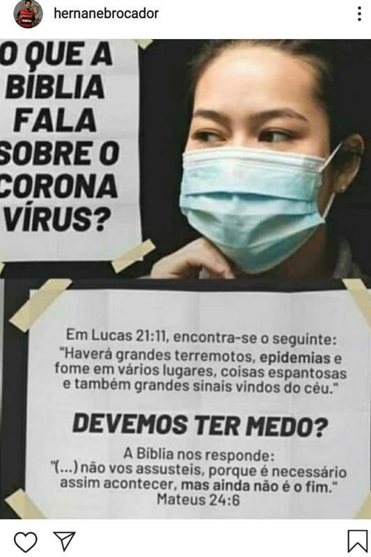 O atacante do Sport, Hernane Brocador, compartilhou em suas redes sociais uma mensagem religiosa a respeito da pandemia do novo coronavrus. 

