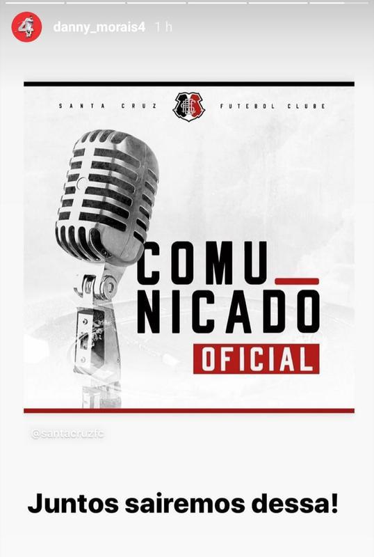 O capito do Santa Cruz, Danny Morais, compartilhou o comunicado oficial do clube que revela estar disponibilizando espaos na sede social do Mais Querido ao governo estadual.
