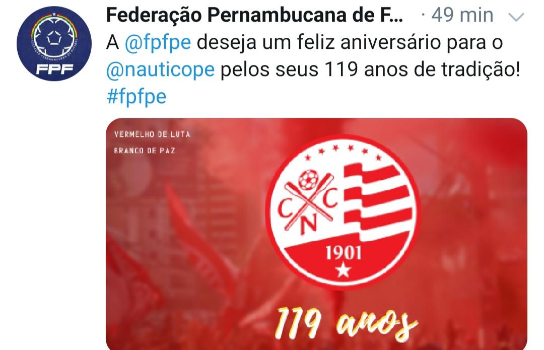 A Federao Pernambucana de Futebol parabenizou, atravs de sua conta oficial no Twitter, o time alvirrubro.