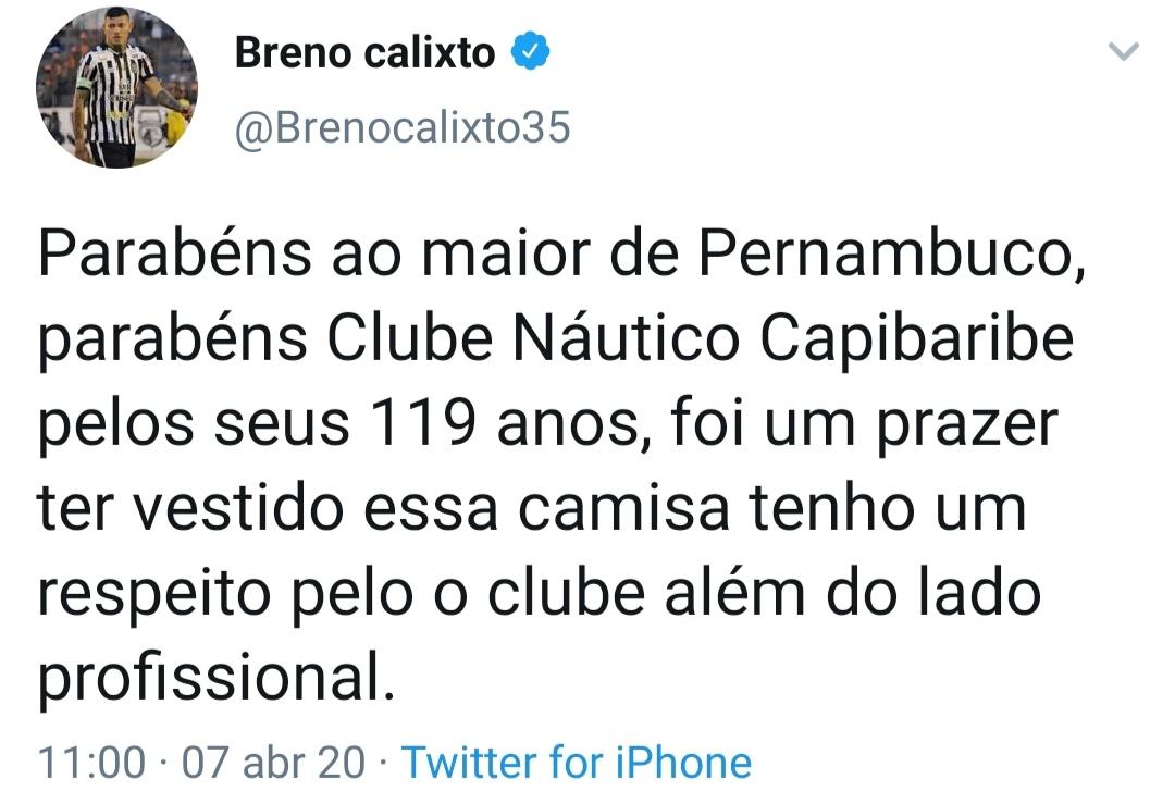O zagueiro Breno Calixto,que defendeu o Timbu nos anos de 2017 e 2018 tambm fez questo de ressaltar o respeito 'alm do lado profissional' neste sete de abril.