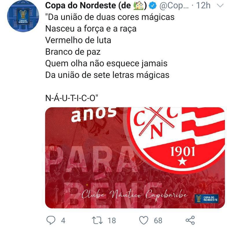 O perfil oficial da Copa do Nordeste tambm enviou parabenizou o clube na data de hoje, colocando seu grito de guerra na publicao.