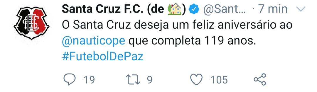 Assim como o Sport, o Santa Cruz parabenizou o rival Nutico. O Tricolor tambm levantou a #FutebolDePaz