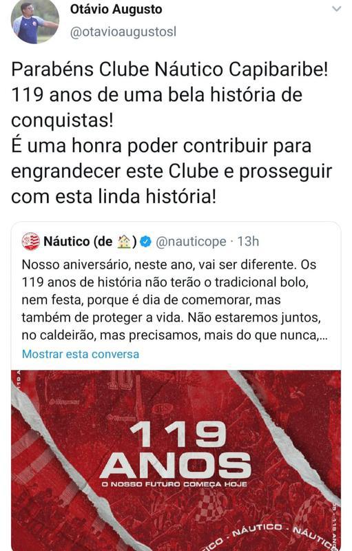 O treinador da categoria sub-15 do clube, Otvio Augusto, tambm apareceu nas redes sociais para homenagear o Nutico em seu aniversrio de 119 anos.