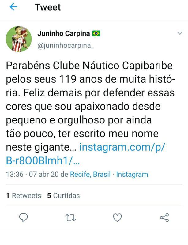 O meia de 20 anos, Juninho Carpina, tambm postou uma mensagem para o clube alvirrubro em seu perfil nas redes sociais.