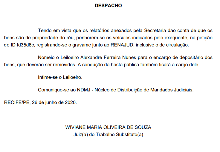 Aps pedido de Marlone, a juza Wiviane Maria Oliveira de Souza determinou a penhora dos quatro veculos do Sport 